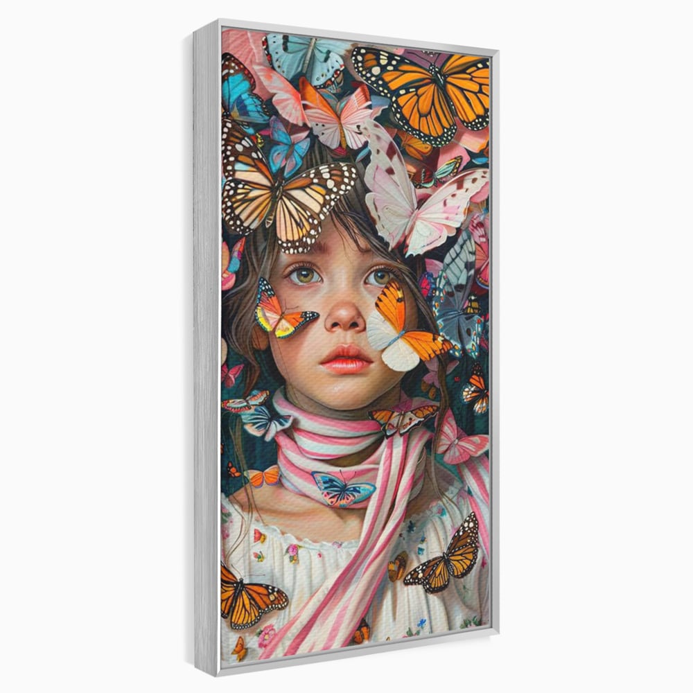 Tablou canvas cu tablou canvas cu fata si fluturi colorati, in rama de aluminiu argintiu